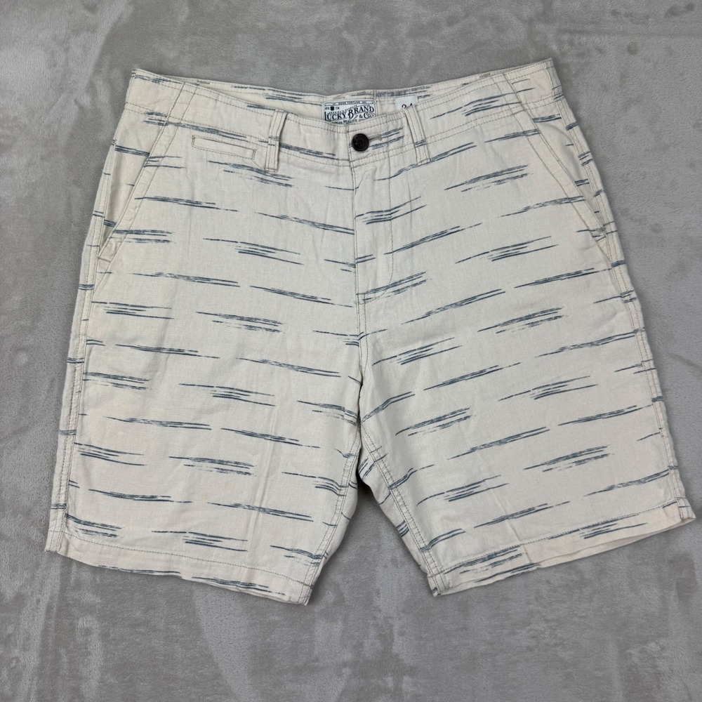 Lucky Brand Shorts Mens 34 Beige Linen Blend Casual Summer Patterned Beach
